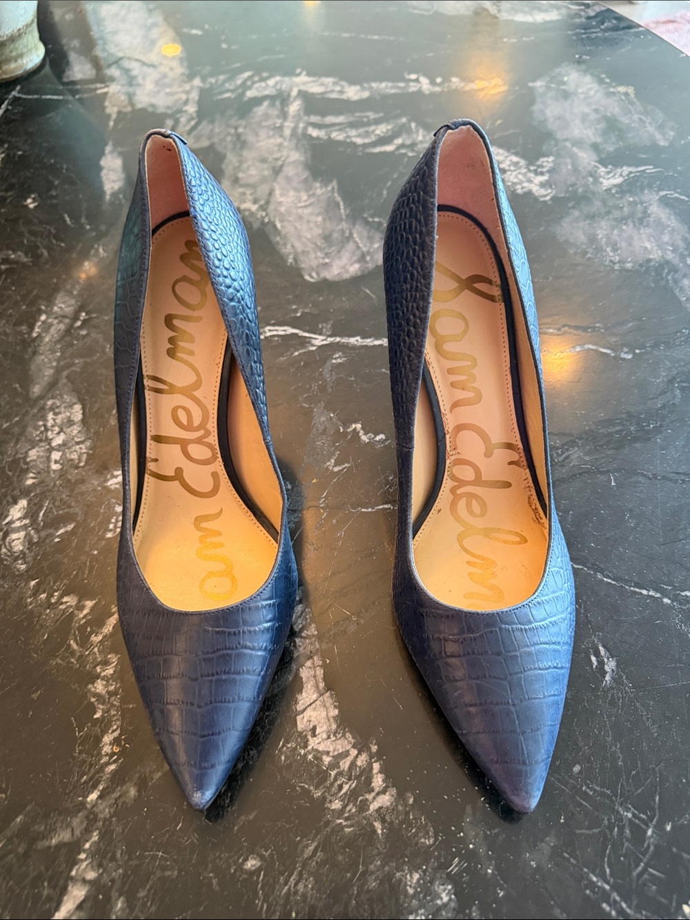 Sam Edelman Navy Croc-Embossed Pointed Toe Heels